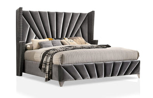 English Elm Bedroom Wooden Queen Bed with High Panel Headboard, Gold Trim Accent, Modern Luxury Design Gray 69.5 L x 26 W x 5 H B2741S00108