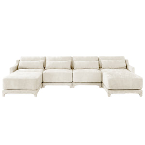 English Elm Four-Seater Chenille Sofa Set With Movable Ottoman, Ergonomic Lumbar Pillow, Modern Elegance In Beige W714S01236