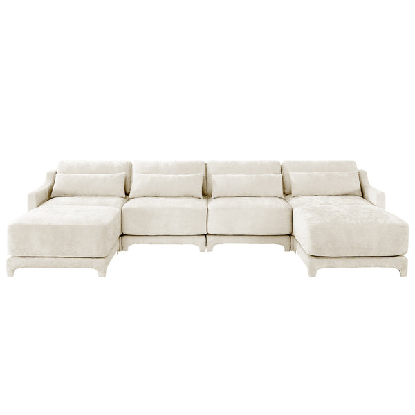English Elm Four-Seater Chenille Sofa Set With Movable Ottoman, Ergonomic Lumbar Pillow, Modern Elegance In Beige W714S01236