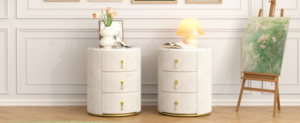English Elm 2 Upholstered Nightstand Set with 3 Drawers, Round Velvet Bedside Table, Marble Top & Metal Handles Beige 24 L x 19.5 W x 18.89 H N733S272609A