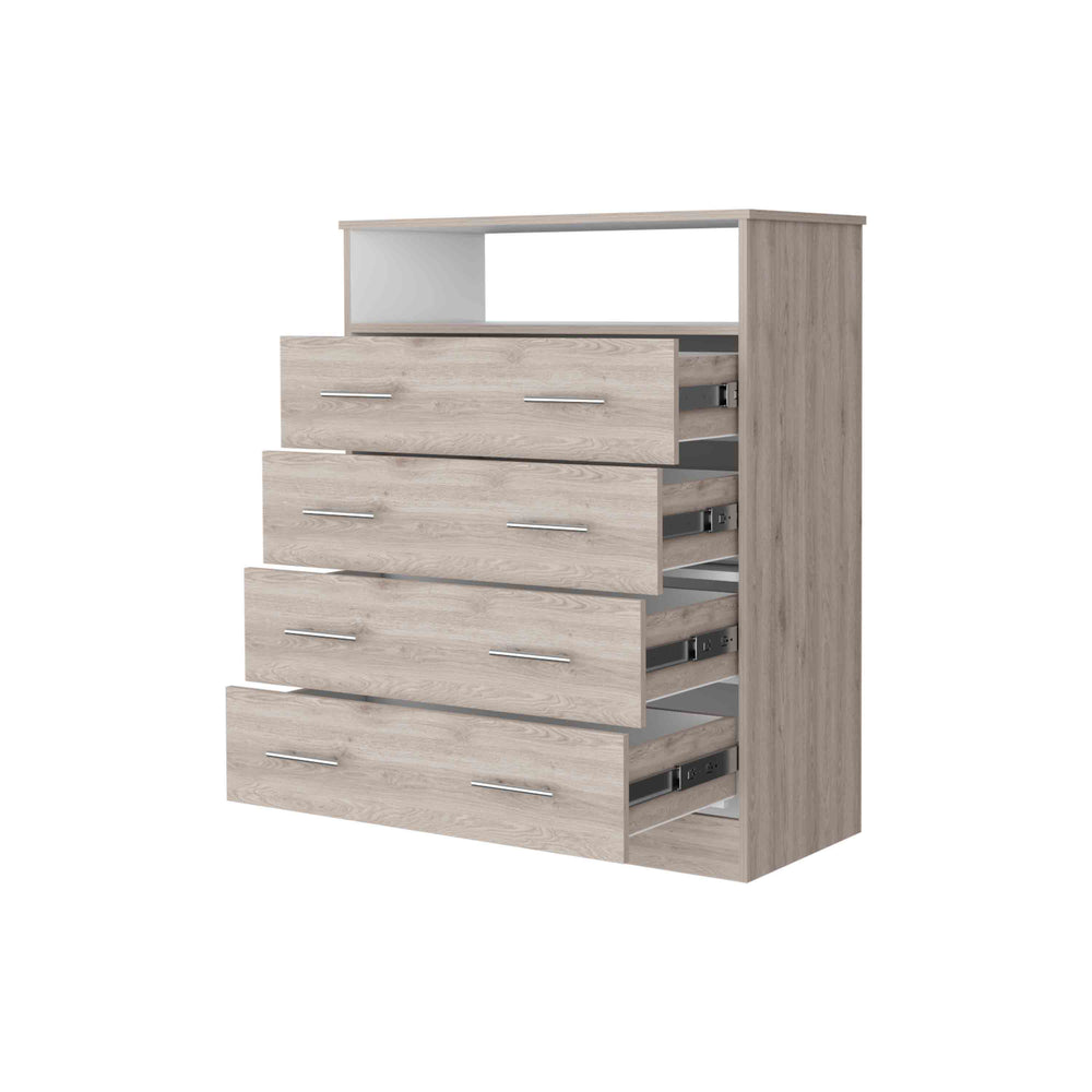 English Elm Lagos Four Drawer Dresser with Spacious Open Shelf and Superior Top, Light Grey Finish, Modern Storage Solution Multicolor 47 L x 22 W x 4 H B128S00097