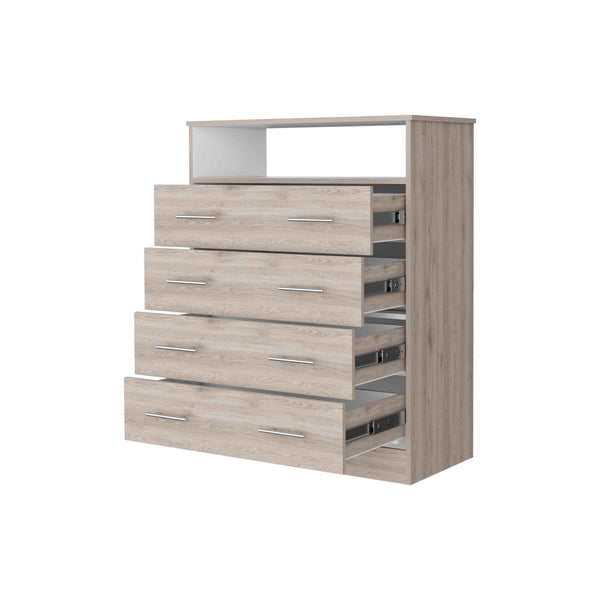 English Elm Lagos Four Drawer Dresser with Spacious Open Shelf and Superior Top, Light Grey Finish, Modern Storage Solution Multicolor 47 L x 22 W x 4 H B128S00097