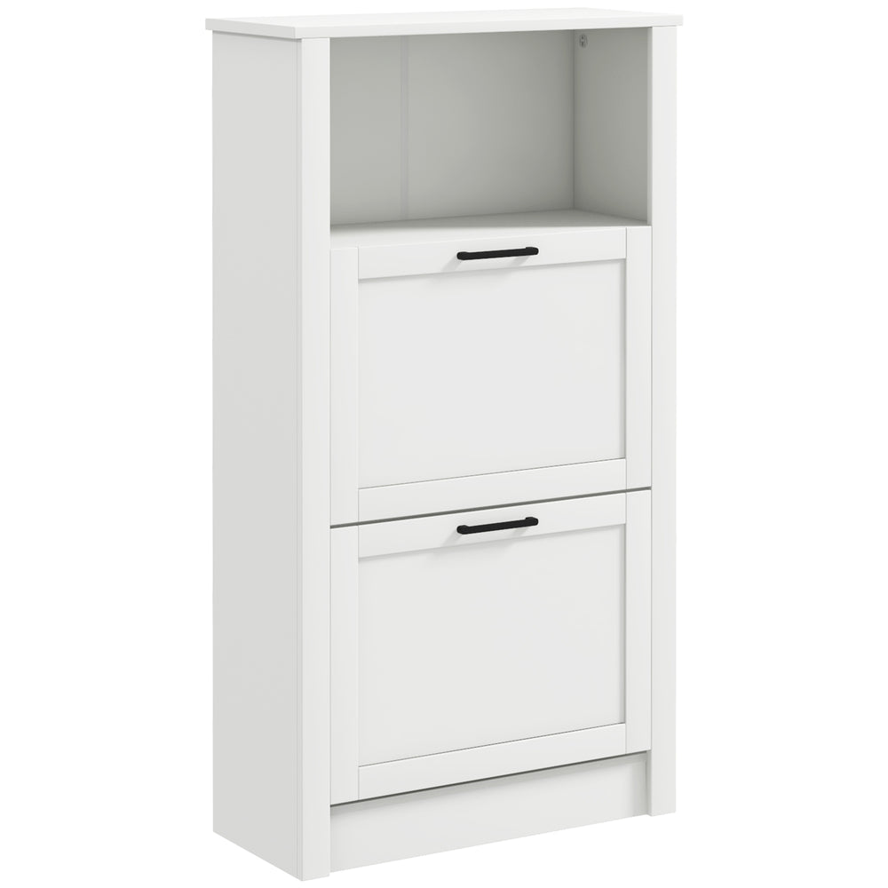 English Elm HOMCOM Narrow Shoe Storage Cabinet with Open Shelf & 2 Flip Drawers, Adjustable Shelves, White W2225P173976