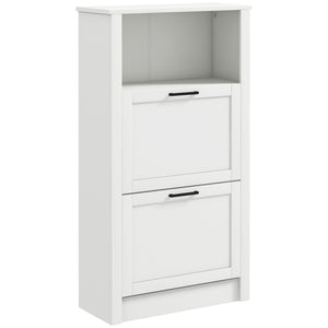 English Elm HOMCOM Narrow Shoe Storage Cabinet with Open Shelf & 2 Flip Drawers, Adjustable Shelves, White W2225P173976