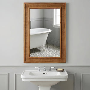 English Elm Natural Rattan Wrapped Solid Wood Rectangular Mirror Handcrafted Farmhouse Bathroom Entryway Yellowish-Brown W2203P436619