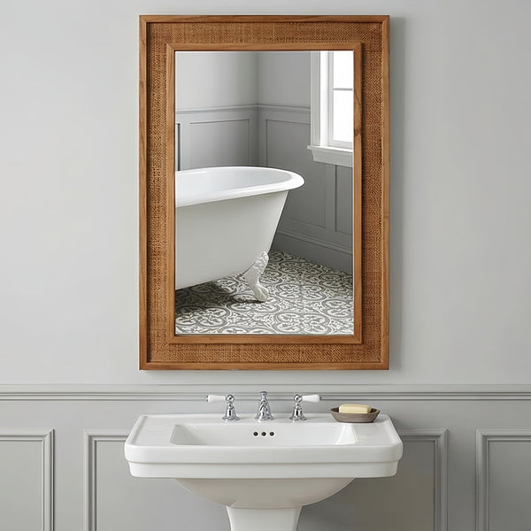 English Elm Natural Rattan Wrapped Solid Wood Rectangular Mirror Handcrafted Farmhouse Bathroom Entryway Yellowish-Brown W2203P436619