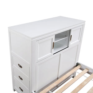 English Elm Gray Twin Platform Bed with Bookcase Headboard Hidden Desk Stool and Footboard Bench White B011S02324