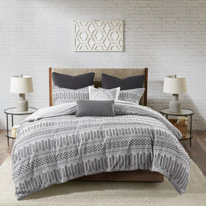English Elm King/Cal King Rhea Cotton Jacquard Duvet Cover Mini Set – Gray Striped Eyelash Detail, OEKO-TEX Certified Comfort B03596481