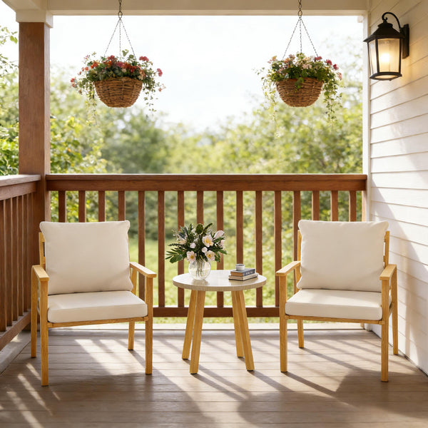English Elm Nordic Scandinavian Bistro Set Wood Grain Steel Outdoor Patio 3 Piece with Cushions T3971P446032