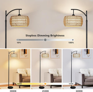 English Elm Arc Floor Lamp With Remote Control – Dimmable Led, Adjustable Height & Stylish Rattan Shade For Home W2738P185401