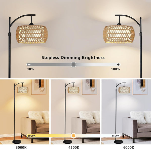 English Elm Arc Floor Lamp With Remote Control – Dimmable Led, Adjustable Height & Stylish Rattan Shade For Home W2738P185401