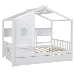 English Elm Wooden Full Size House Bed with Trundle and Built-In Shelves — Modern Pine Frame, Whimsical Roof Design White 57.2 L x 16.25 W x 5.9 H N733S316125K