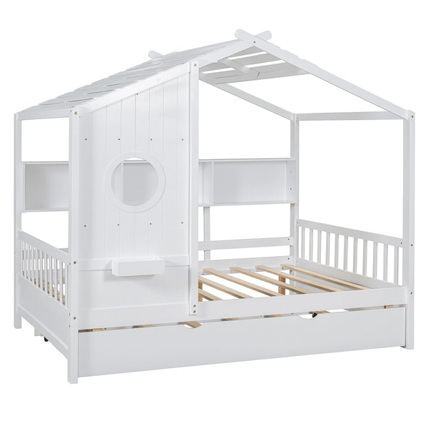 English Elm Wooden Full Size House Bed with Trundle and Built-In Shelves — Modern Pine Frame, Whimsical Roof Design White 57.2 L x 16.25 W x 5.9 H N733S316125K