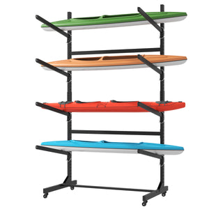 English Elm 80''h Freestanding Steel Kayak Storage Rack Holds 4 Vessels with Locking Caster Wheels T2398P305831