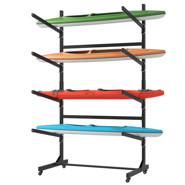 English Elm 80''h Freestanding Steel Kayak Storage Rack Holds 4 Vessels with Locking Caster Wheels T2398P305831