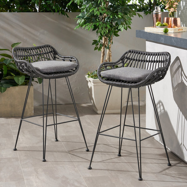 English Elm Christopher Knight Home® - DALE Hand-Wrapped Outdoor Wicker Barstool Set of 2 with Water-Resistant Cushions and Iron Frame Grey 65482.00GRY