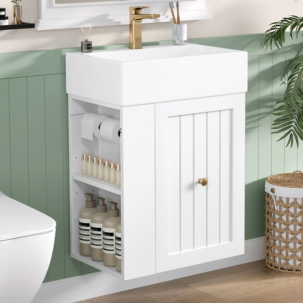 English Elm 20-Inch Compact Bathroom Vanity with Ceramic Sink, Wall-Mounted MDF Cabinet, Modern Space-Saver Design White N725P314023K