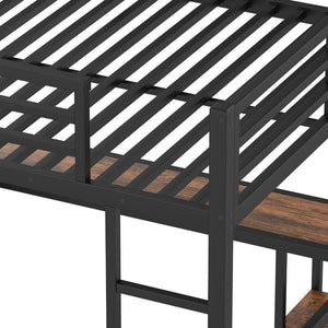 English Elm Queen Size Loft Bed Frame With Integrated Wardrobe, Desk & Storage Shelves For Space-Saving Style W1580S00178-GIGA