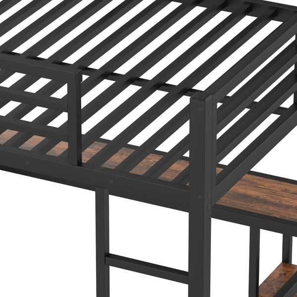 English Elm Queen Size Loft Bed Frame With Integrated Wardrobe, Desk & Storage Shelves For Space-Saving Style W1580S00178-GIGA