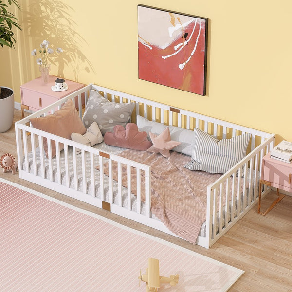 English Elm Twin Floor Bed Solid Rubber Wood with Tall Safety Railings for Toddler Sleep White W504P287643