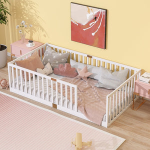 English Elm Twin House Frame Floor Bed Rubberwood with Roof Canopy and Safety Rails for Kids White W504P429530