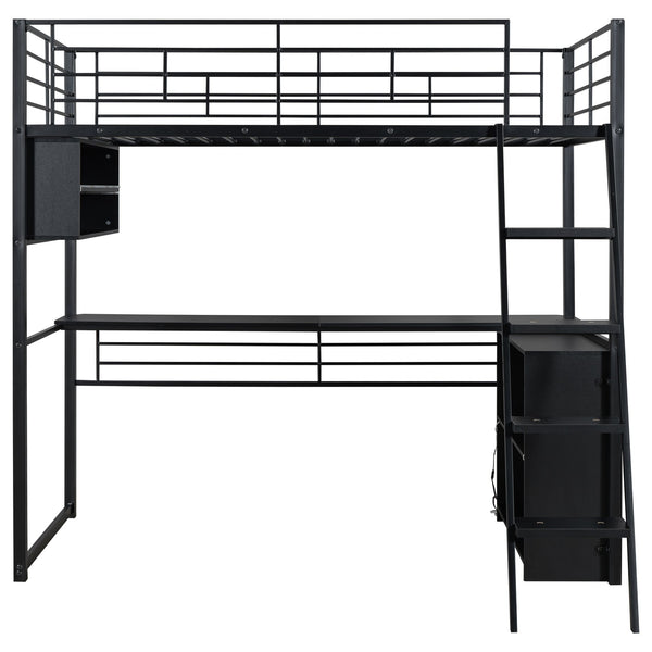 English Elm Twin Metal Loft Bed with LED Desk & 4 Shelves, Black — Sturdy Metal/Wood Frame, Space-Saving Design GX000652AAB