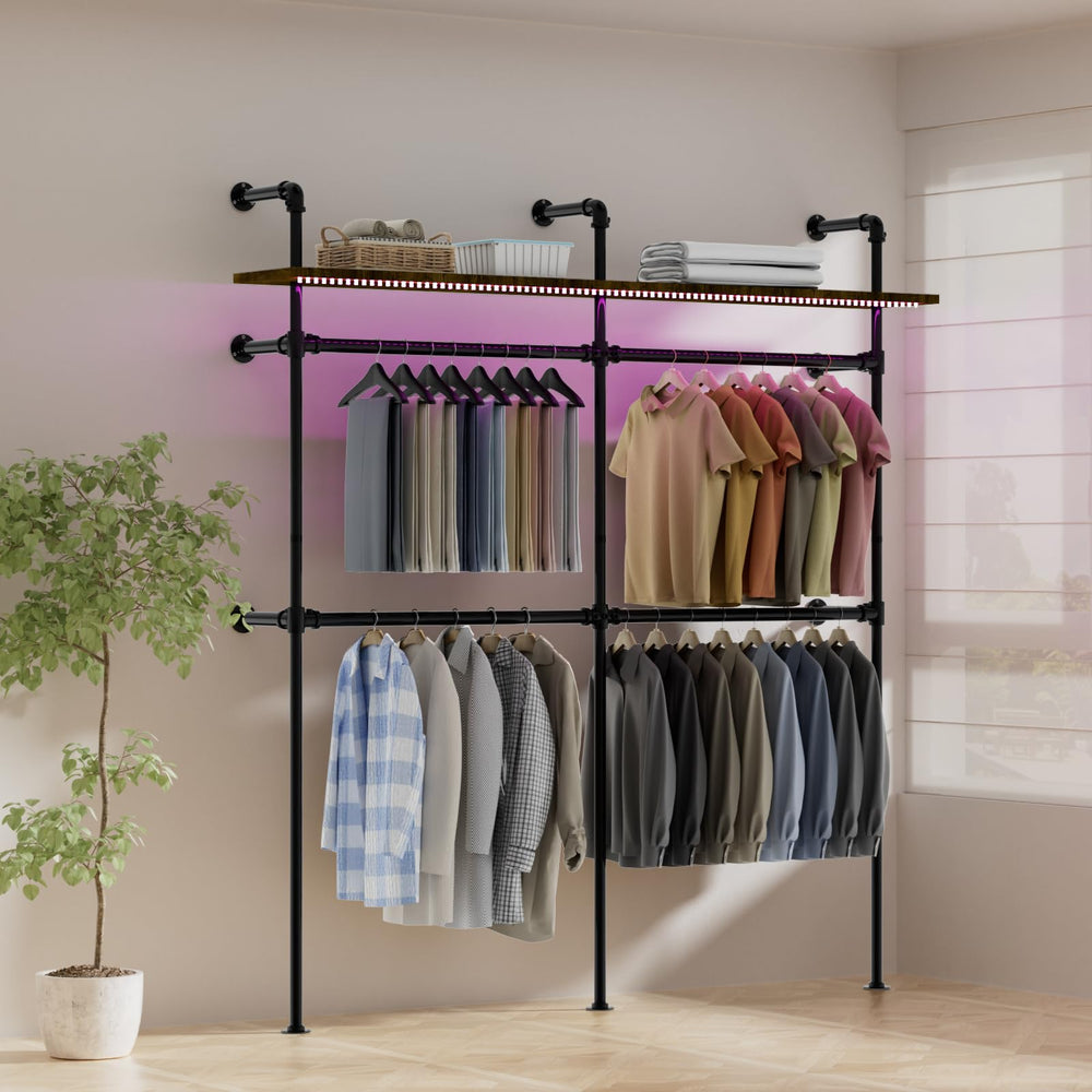 English Elm Industrial Pipe Clothing Rack With Led Lights - Heavy Duty Wall-Mounted Garment Storage Solution T3210P392613