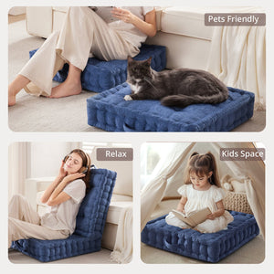 JLA Home Intelligent Design - Poly Chenille Square Floor Pillow Cushion with Tufted Scalloped Edge, OEKO-TEX Soft Plush Support Navy ID31-2469