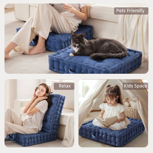 JLA Home Intelligent Design - Poly Chenille Square Floor Pillow Cushion with Tufted Scalloped Edge, OEKO-TEX Soft Plush Support Navy ID31-2469