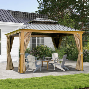 English Elm 10' X 14' Hardtop Gazebo – Durable Metal Canopy With Wood-Grain Frame, Curtains, & Weather Defense W1859S00164