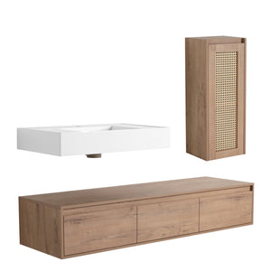 English Elm 60 Inch Wall-Mounted Bathroom Vanity Set With Resin Sink, Soft-Close Drawers & Side Cabinet Storage W999S00357