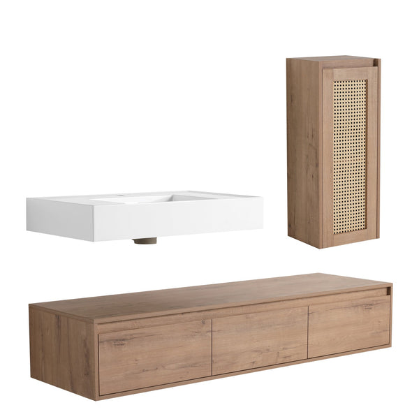 English Elm 60 Inch Wall-Mounted Bathroom Vanity Set With Resin Sink, Soft-Close Drawers & Side Cabinet Storage W999S00357