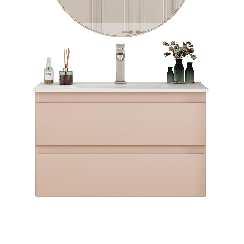 English Elm 32-Inch Modern Wall-Mounted Bathroom Vanity With Ceramic Sink, Soft-Close Drawers, Stylish Pink Finish W3151S00045