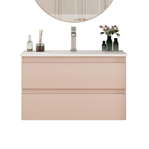 English Elm 32-Inch Modern Wall-Mounted Bathroom Vanity With Ceramic Sink, Soft-Close Drawers, Stylish Pink Finish W3151S00045