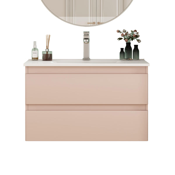 English Elm 32-Inch Modern Wall-Mounted Bathroom Vanity With Ceramic Sink, Soft-Close Drawers, Stylish Pink Finish W3151S00045