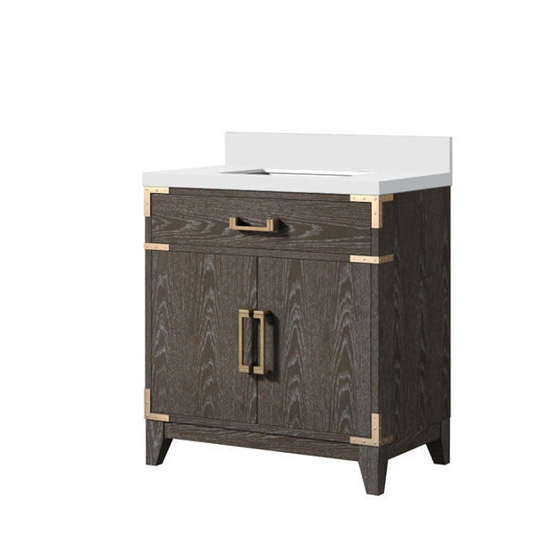 English Elm Brown Oak Single Bath Vanity 30" W X 22" D With Cultured Marble Top & Soft-Close Storage Solutions B2731P259750