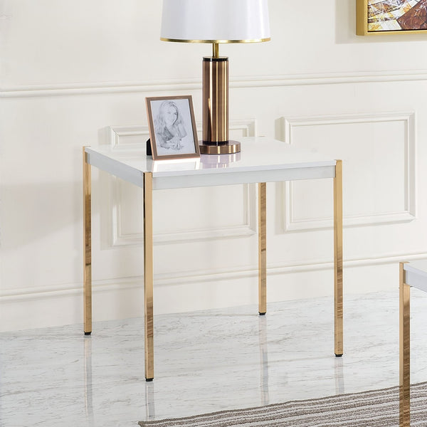 English Elm Modern Minimalist End Table with White Wood Top and Gold-Finish Metal Legs for Chic Living Spaces White+Gold 28 L x 28 W x 5 H B2741P335225