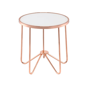 English Elm White White Frosted Glass Top Round Table with Retro Rose Gold Metal Base — Chic Accent End Table for Living Rooms, Durable Statement Piece B016P314016