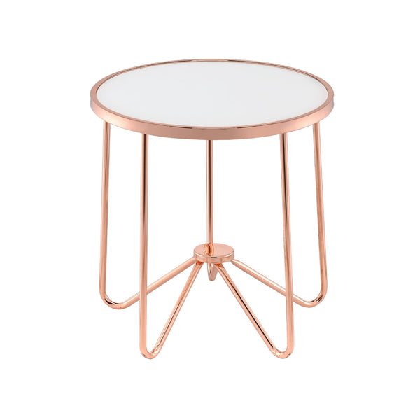 English Elm White White Frosted Glass Top Round Table with Retro Rose Gold Metal Base — Chic Accent End Table for Living Rooms, Durable Statement Piece B016P314016