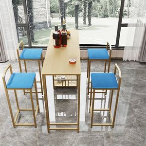 English Elm Bar Table and Four Cushioned Chairs Gold Iron Frame with Built-in Shelf Coastal Style W3064P245382