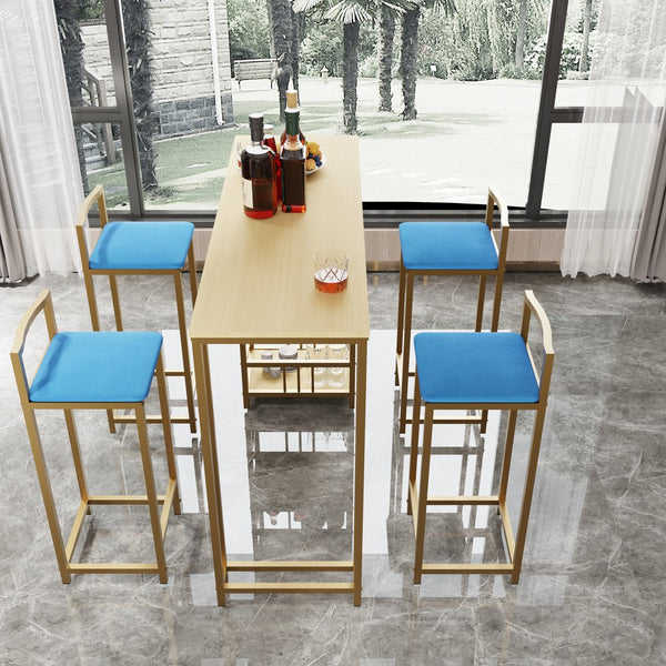 English Elm Bar Table and Four Cushioned Chairs Gold Iron Frame with Built-in Shelf Coastal Style W3064P245382