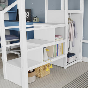English Elm Queen Size Loft Bed With House-Shaped Guardrails, Stairs & Wardrobe - Perfect For Kids & Teens! W2593S00038-GIGA
