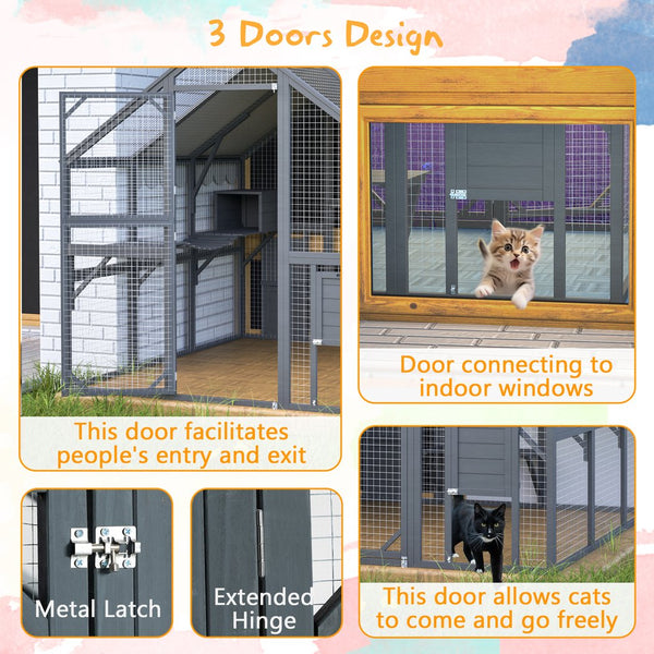 English Elm Extra Large Walk-in Outdoor Cat Enclosure with Oxford Roof Ramps and Dual Resting Huts W1422S00047