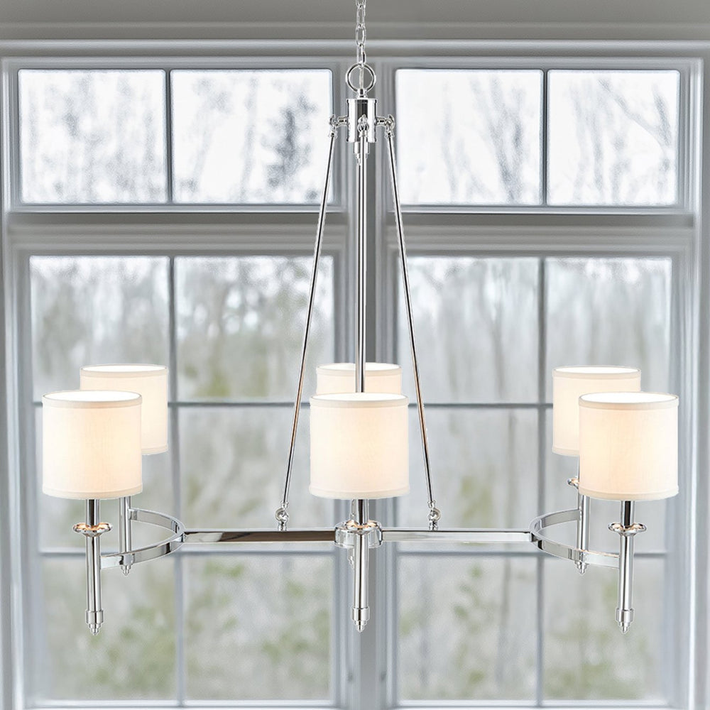 JLA Home Hampton Hill - 6-light Hampton Hill Bedford Chandelier with Fabric Drum Shades, Adjustable Chain, Transitional Glow MT150-0079