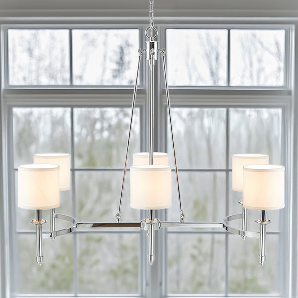 JLA Home Hampton Hill - 6-light Hampton Hill Bedford Chandelier with Fabric Drum Shades, Adjustable Chain, Transitional Glow MT150-0079