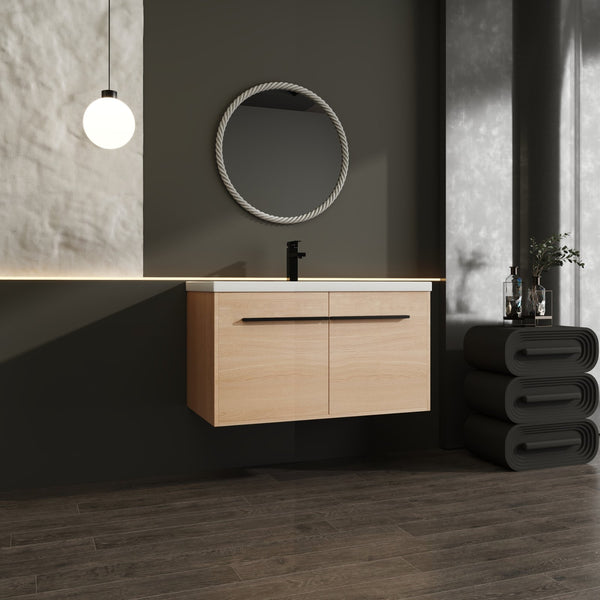 English Elm Levistar 36 Inch Oak Bathroom Vanity With Resin Sink – Stylish Storage & Easy Maintenance Cabinet Set W1972P165045