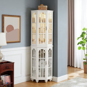 English Elm Corner Curio Cabinet with 6 Shelves, Tempered Glass Display, Built-In Lighting, Mirrored Back White W1693P216951