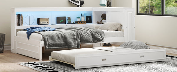 English Elm Full Pine Daybed with Trundle Sliding Storage Shelves Led Lighting and Usb Charging White GX004003AAK