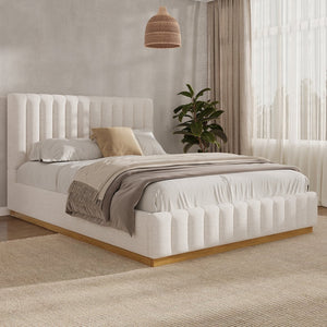 English Elm Queen Upholstered Bed Linen Fabric Channel Stitched Headboard Solid Wood Base Support N757Q338166I