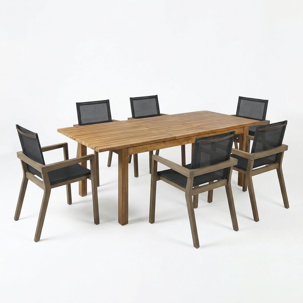 English Elm 7 Piece Solid Acacia Outdoor Dining Set Extendable Table Mesh Seats Patio Ready N762S000003AAE